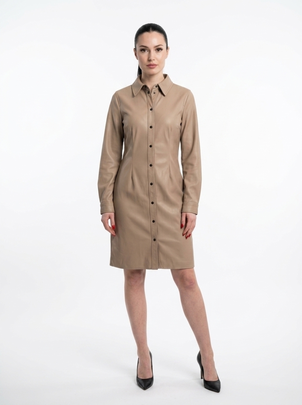RUDSAK Tan Faux Leather Shirt Dress Button Front Midi Women's P/S